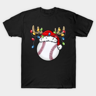 Baseball With Santa Hat Reindeer Antlers Christmas Lights T-Shirt